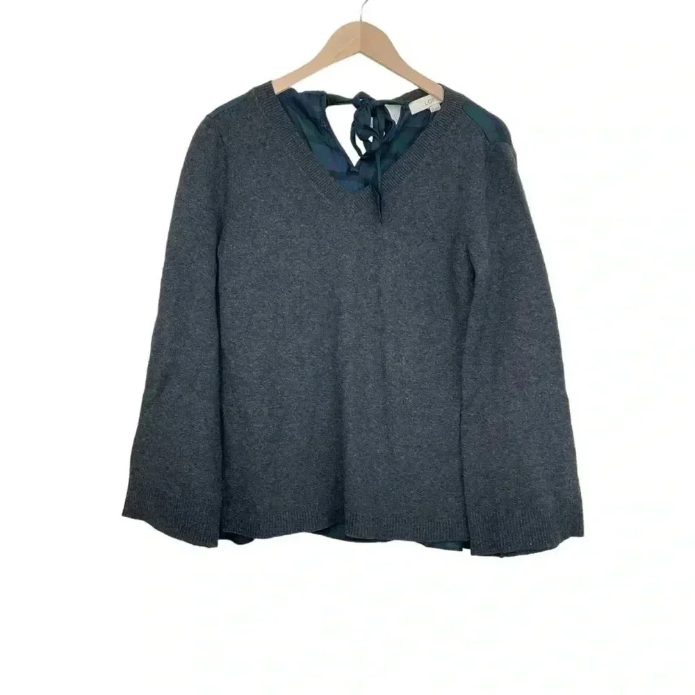 Loft Gray Plaid Flared Sleeve Mixed Media Sweater Size XS